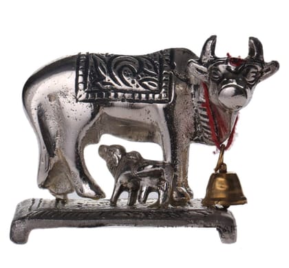 DreamKraft Metal Kamdhenu Cow and Calf Ovel Silver