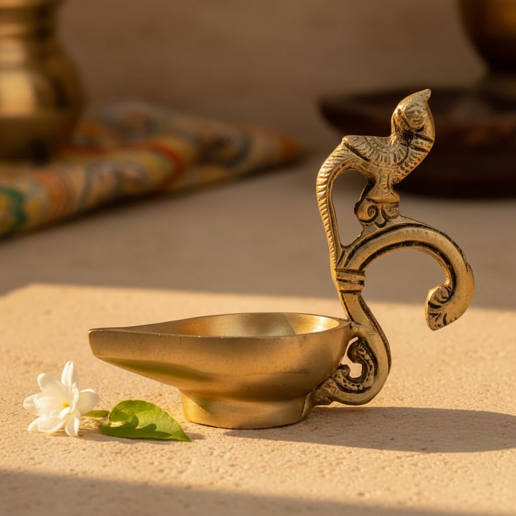 Sukh Sehaj Aarti Deepak, Diya, Brass, Handcrafted, Antique Yellow Finish, 4.6. Inch, Brass Oil Lamp for Home Decor, Pooja Ritual and Gifting