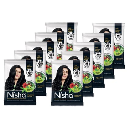 Nisha Henna Based Hair Color Natural Black 25gm Pack of 10, Ammonia Free Henna Powder Hair Colour Dye Black Hair Color