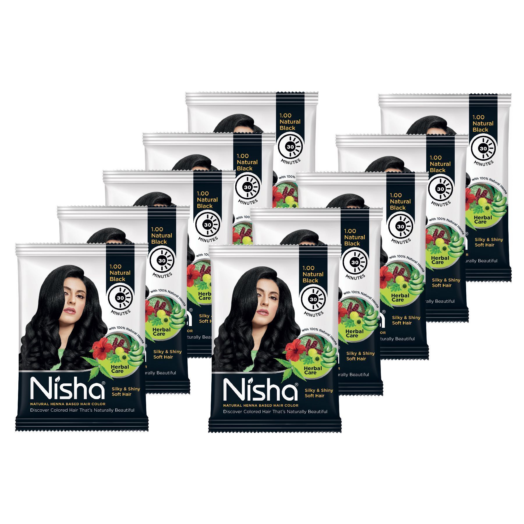 Nisha Henna Based Hair Color Natural Black 25gm Pack of 10, Ammonia Free Henna Powder Hair Colour Dye Black Hair Color