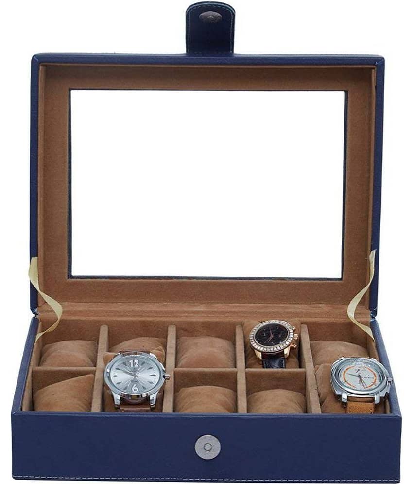Leather World 10 Compartments Blue PU Leather Designer Watch Box Case with Clasp Closure
