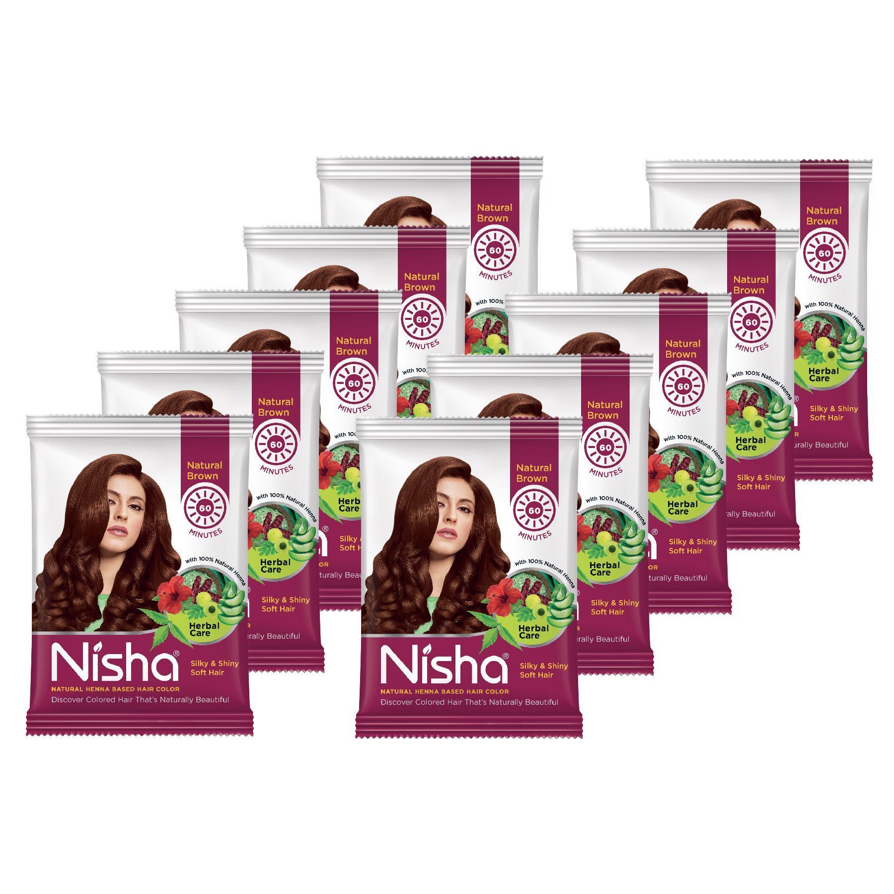 Nisha Henna Based Hair Color Natural Brown 25gm Pack of 10, Ammonia Free Henna Powder Hair Colour Dye Brown Hair Color