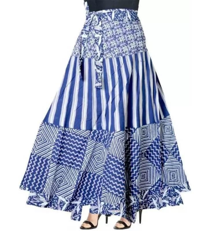 Women's Cotton Printed Wrap Around Maxi Skirt (Blue, Free Size)-PID45901