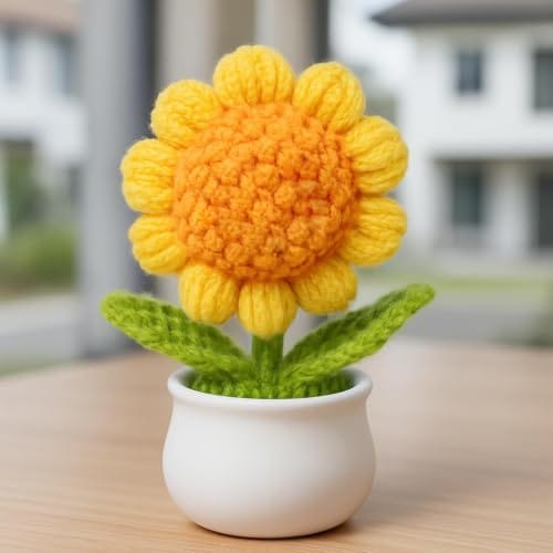 PANCA Crochet Sunflower Pot – Artificial Sunflower for Office Desk, Car Dashboard & Home Decor | Handcrafted Yarn