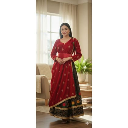 WOMEN'S RED AND BLACK EMBROIDERED VELVET LEHENGA SET