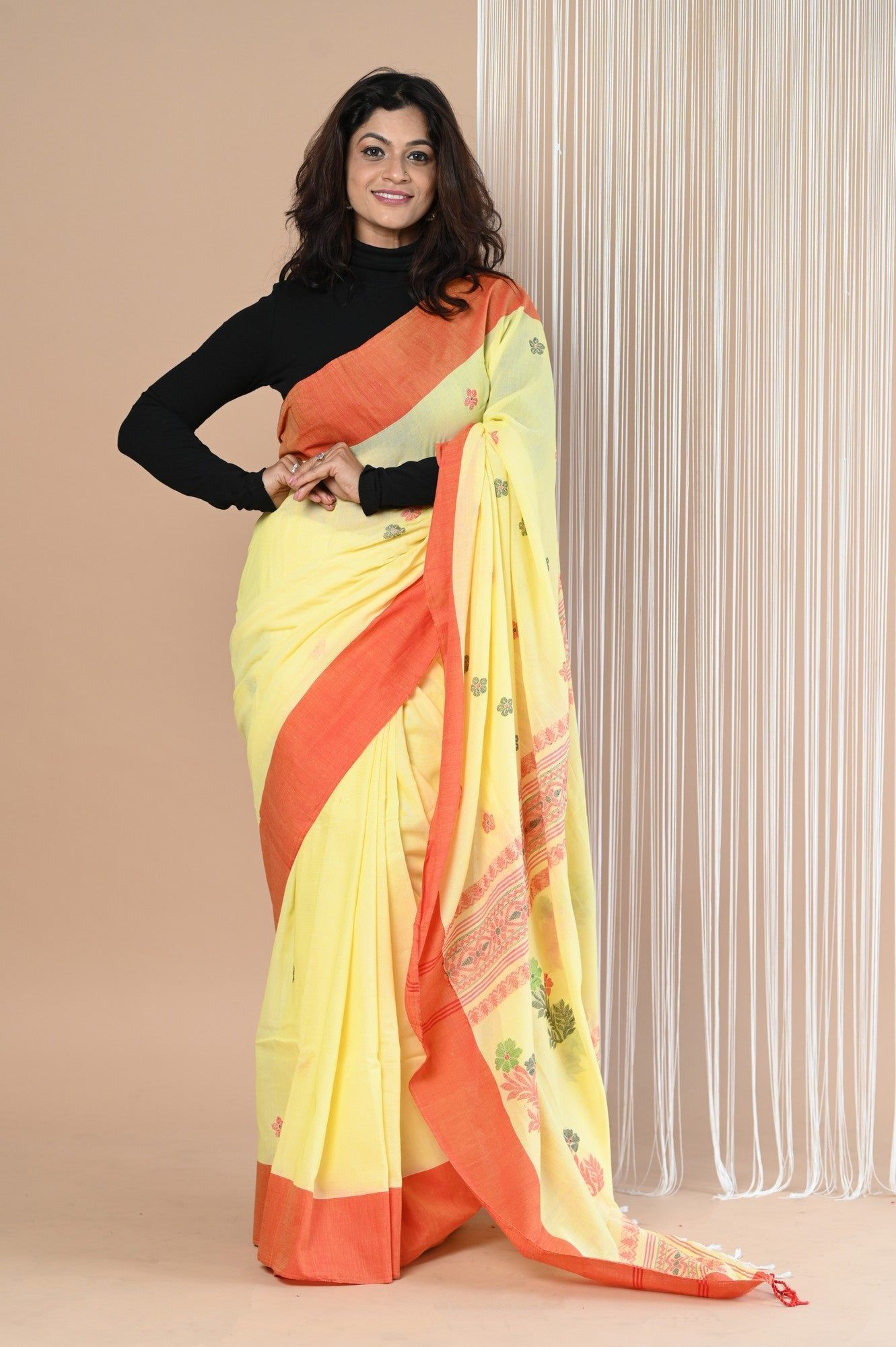 Handloom Pure Cotton Saree With Handwoven Buttis ~ Yellow