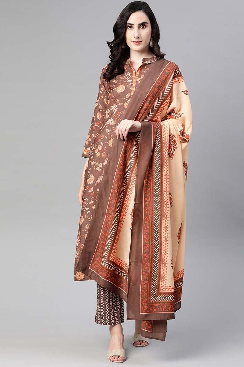 Brown Poly Crepe Floral Print Straight Suit Set PKSKD1036