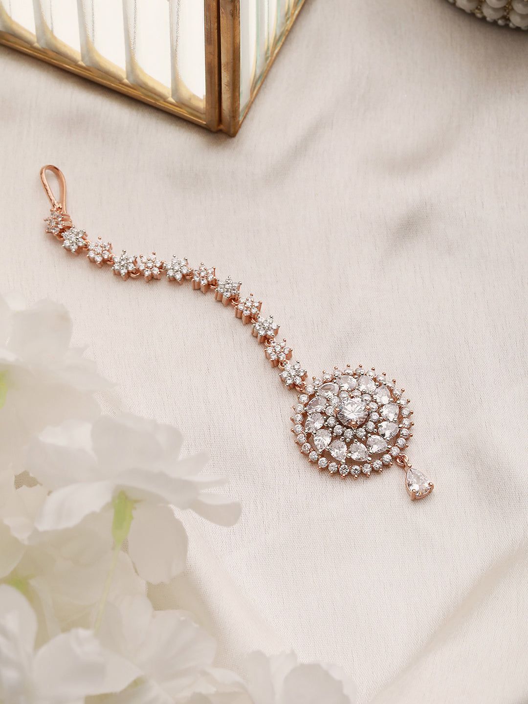 Handcrafted AD Maang tika,Rose Gold plated for Women & Girls
