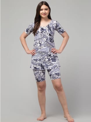 Womens Polyester Spandex Printed Above Knee Slip On Round Neck Swimsuit Set Size L (Grey)