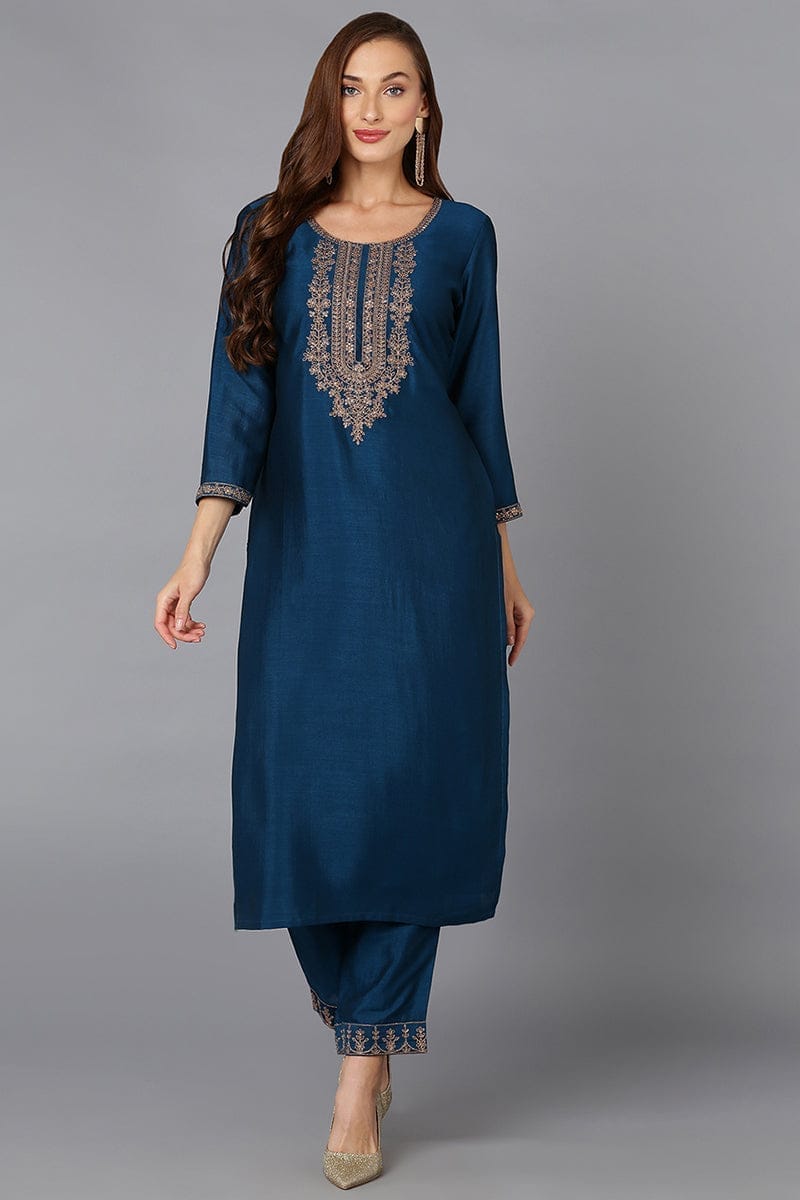 Silk Blend Firozi Embroidered Kurta With Pant VKSET1429
