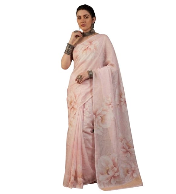 Generic Women's Georgette Floral Printed Saree with Unstitched Blouse Piece, Soft Lightweight 5.5 m Sari for Daily, Office and Wear (Cream, Design 67629)