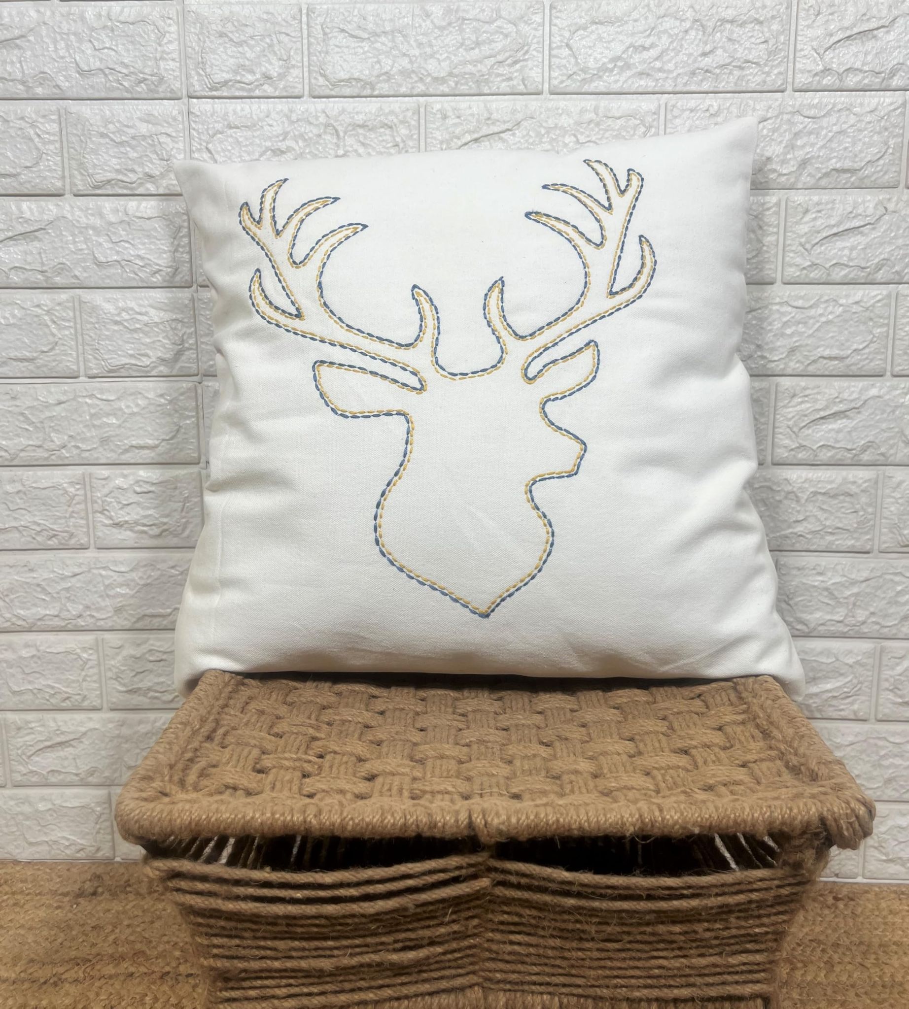 Indihomecraft Handicraft Cotton Cushion Cover - Hand Stitched Embroidery Decorative Art Boho Pillow Dear Animal ShapeHand Made Pillow Cover | Square Shape 18X18 Inches Cushion Cover Set of 1
