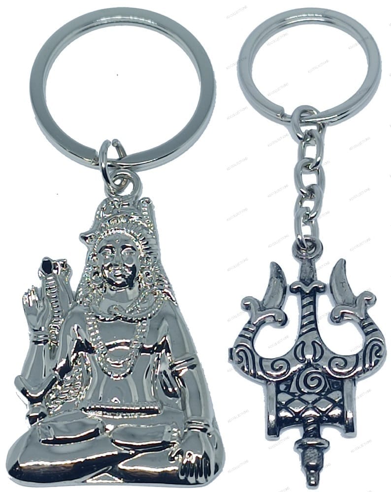 KD COLLECTIONS Lord Shiv Shankar Bholenath Mahadev Mahakaal Adiyogi Keychain & Trishul Keychain Combo – Silver – Pack of 2 Keychains
