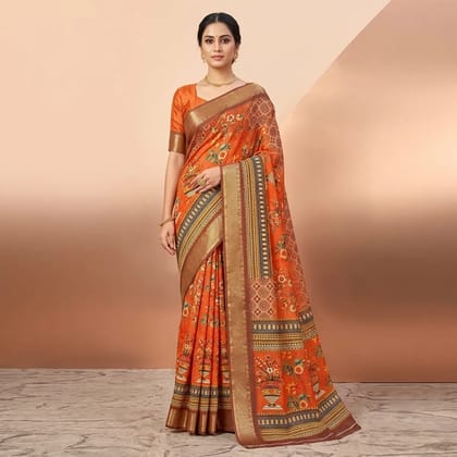 Orange Cotton Floral Print Golden Zari Border Saree For Women