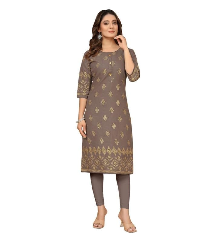 Women's Casual 3/4th Sleeve Foil Gold Printed Ruby Cotton Kurti (Brown, M)-PID46102