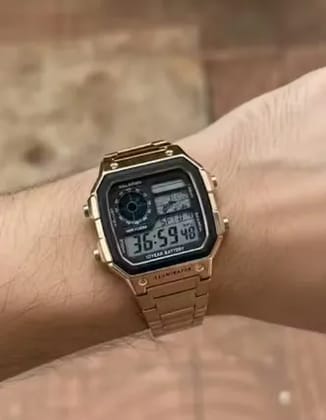 Unisex Analog Digital Watch Gold Metal Strap Dual Display Stylish Wrist Watch