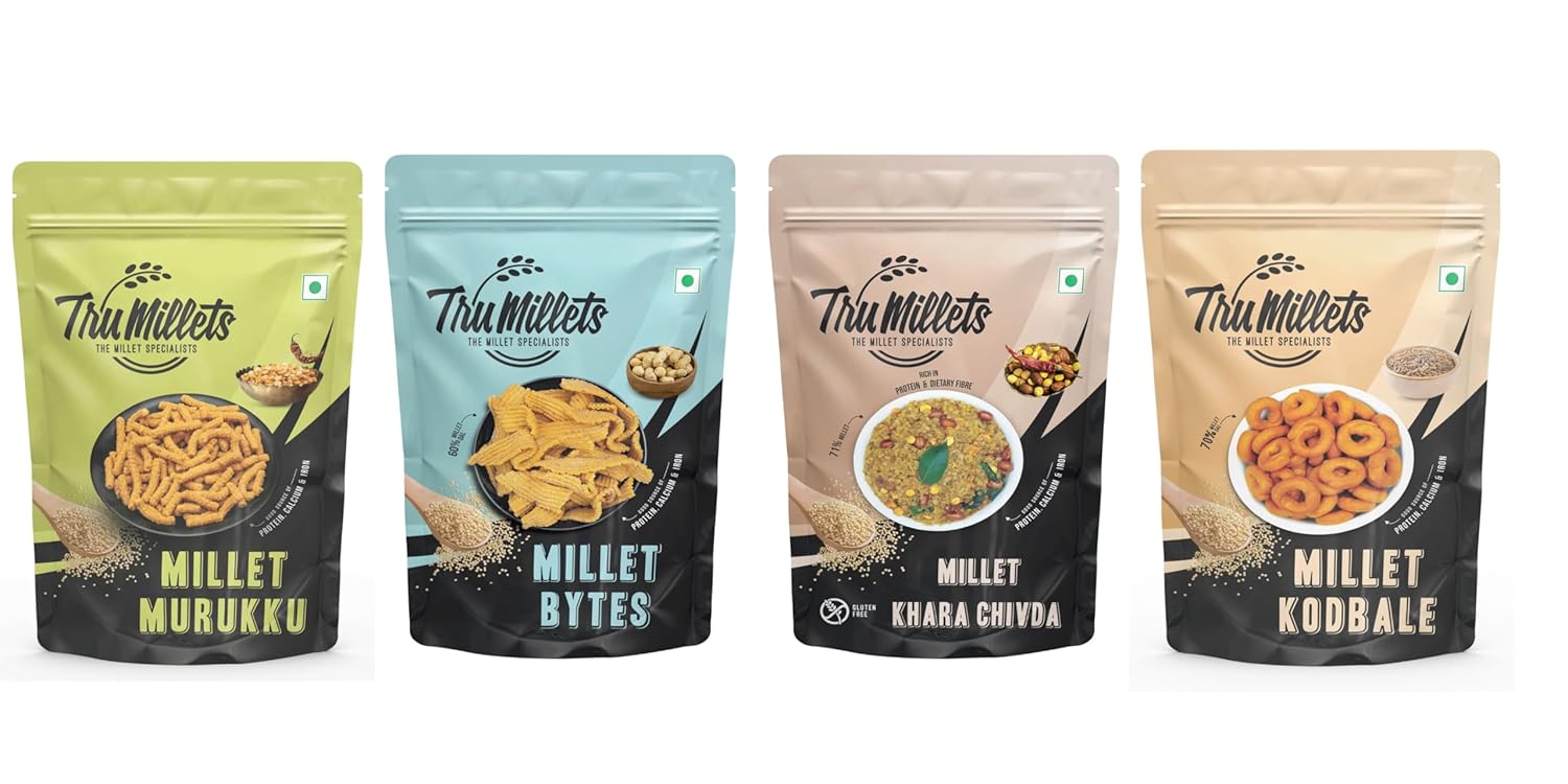 TruMillets Healthy Millet Snack Combo | Namkeen | Khara Chivda, Millet Bites, Murukku, Kodbale | No Preservatives | 125g Each (Pack of 4)