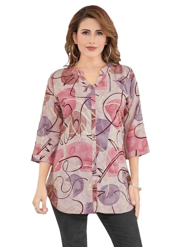 Women's Rayon Mandarin Collar 3/4 Sleeves Short Top (Pink, S)-PID56227