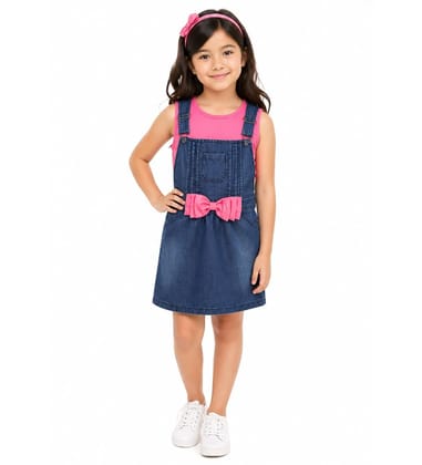 Girl's Denim & Cotton Bow Sleeveless Dungaree (Pink, 2-3-Yrs)-PID66045