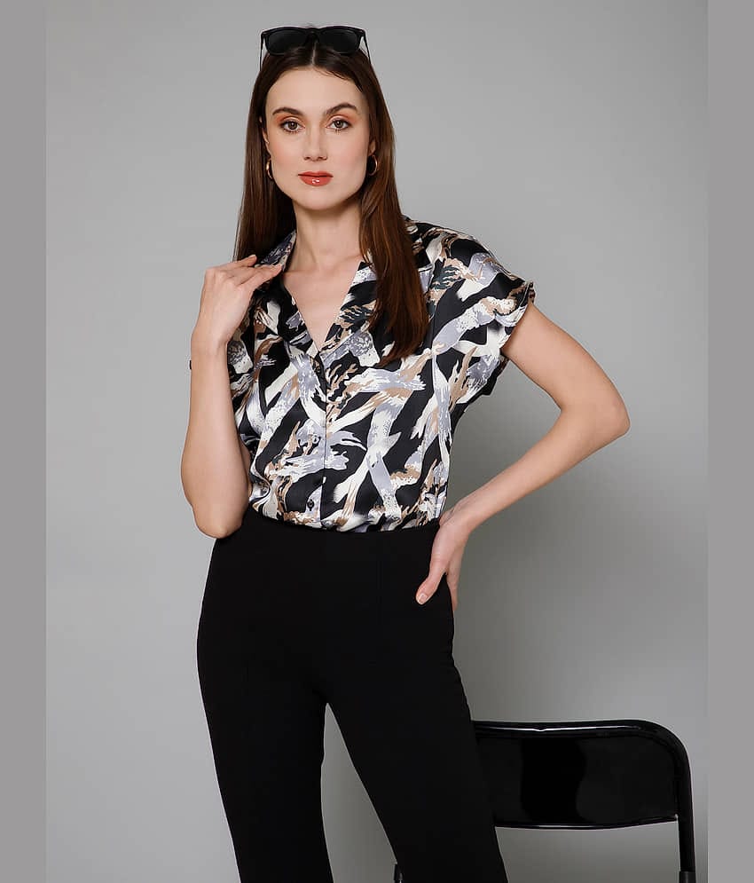 Purys Women Printed Satin Shirt ( Black )