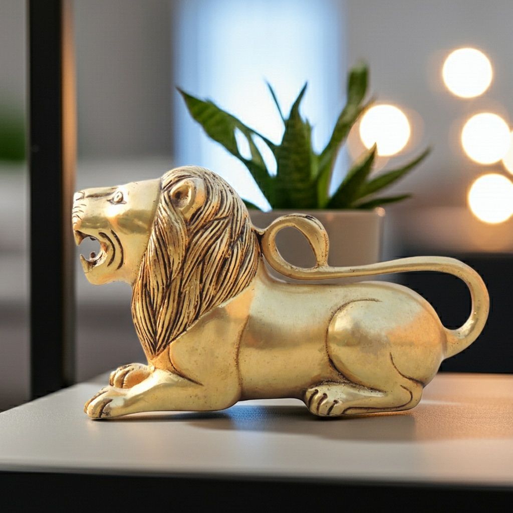 Luxury Brass Lion Home Decor Showpiece Statue for Modern Interiors, Height : 4.5 Inch (ANMAS264 E)