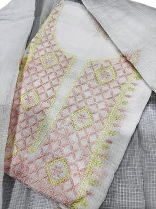 Tulip Handcrafted Kota Doria Unstitched Suit Fabric with Pastel Embroidery � White Base with Peach & Yellow Geometric Floral Design Tulip Handcrafted Kota Doria Unstitched Suit Fabric with Pastel Embroidery � White Base with Peach & Yellow Geometric Floral Design