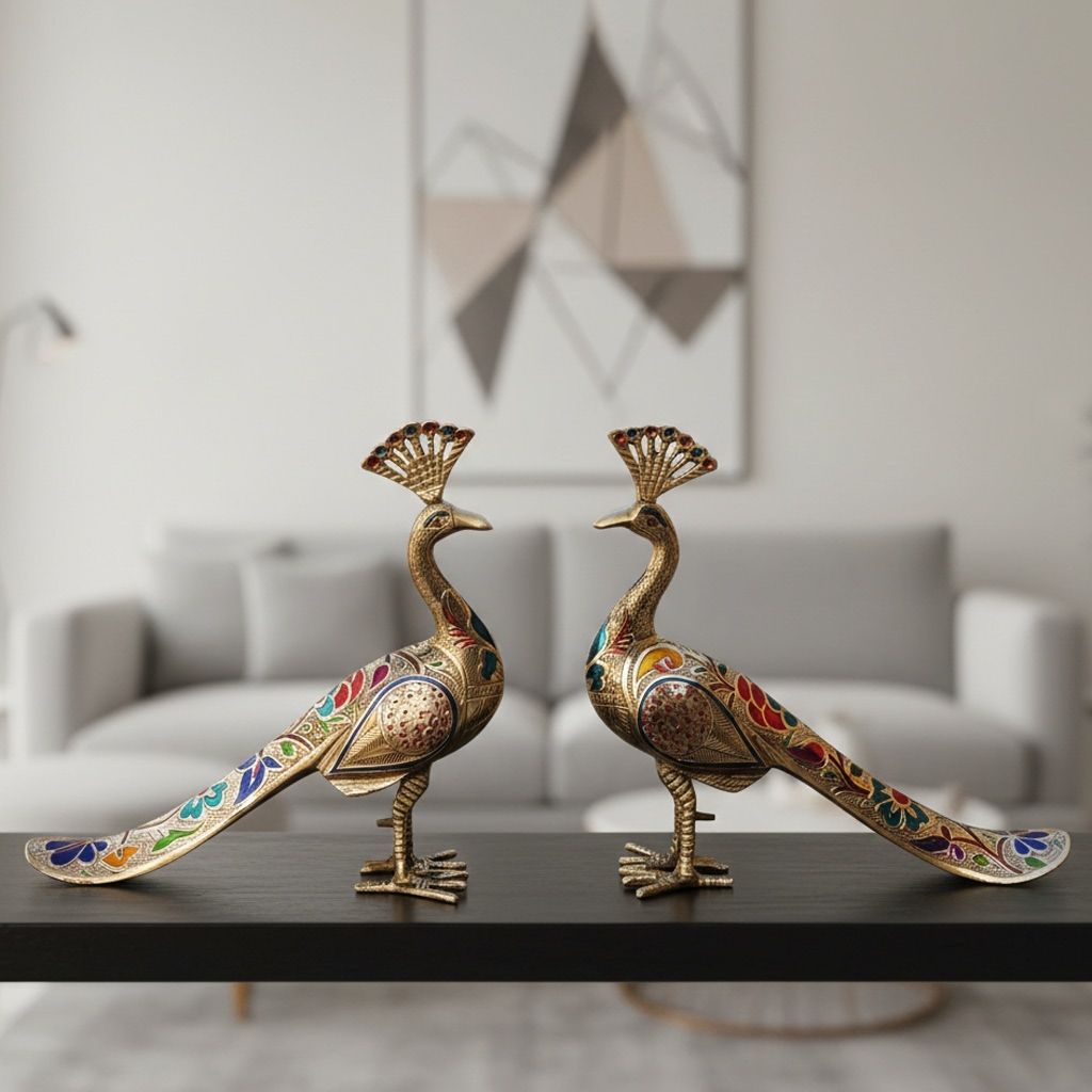 Handcrafted Brass Peacock Pair Idol for Home Decoration, Height : 10.5 Inch (ANMAS252 C)