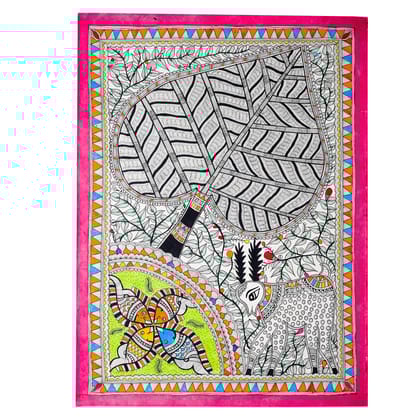 Palak Saxena Madhubani Painting - Harmony of Nature: Stag, Fish, and Tree - Handmade Indian Art for Home Decor - Perfect for Living Room, Bedroom, or Office - Unframed (Size: 32.2 x 24.2 inch)