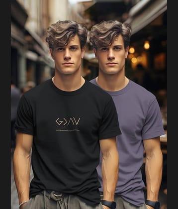 BULLMER Men Cotton Blend Regular Fit Trendy Printed Crew Neck_Round Neck Half Sleeve Tshirt - Pack of 2_Black_Purple