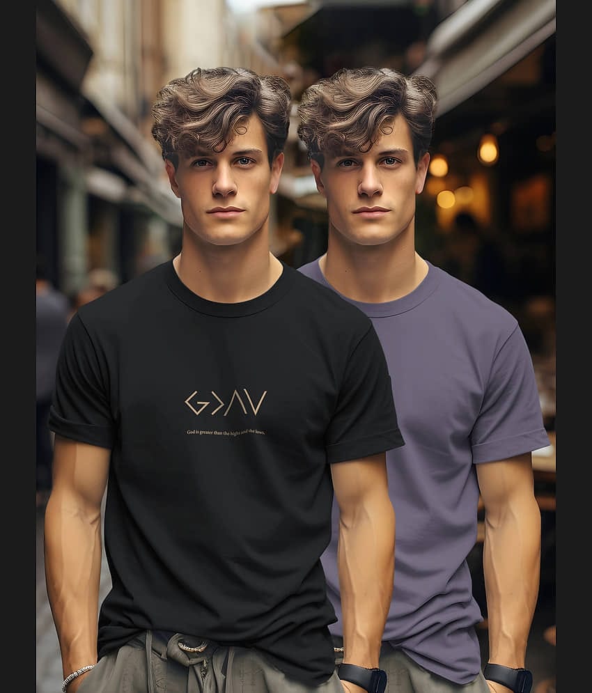 BULLMER Men Cotton Blend Regular Fit Trendy Printed Crew Neck_Round Neck Half Sleeve Tshirt - Pack of 2_Black_Purple