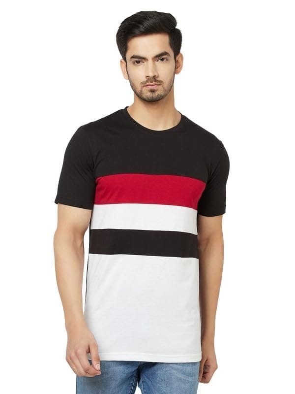 Men's Casual Colorblock Polyester Round Neck T-Shirt (Multicolor, L)-PID47807