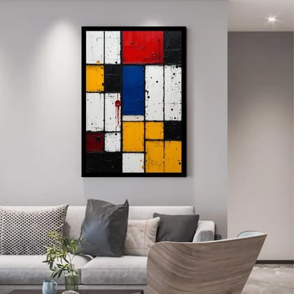 Luminary Modernist Harmony – Neo-Mondrian Grid Museum-Quality Cotton Canvas Art for Contemporary Living Décor | Frame Size (69 X 97 Cm) | Frame Type (Black) | 5-Year Warranty