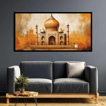 Luminary Saffron Majesty – Heritage Dome Monument Museum-Quality Cotton Canvas Art for Statement Living Room Décor | Frame Size (127 X 69 Cm) | Frame Type (Black) | 5-Year Warranty