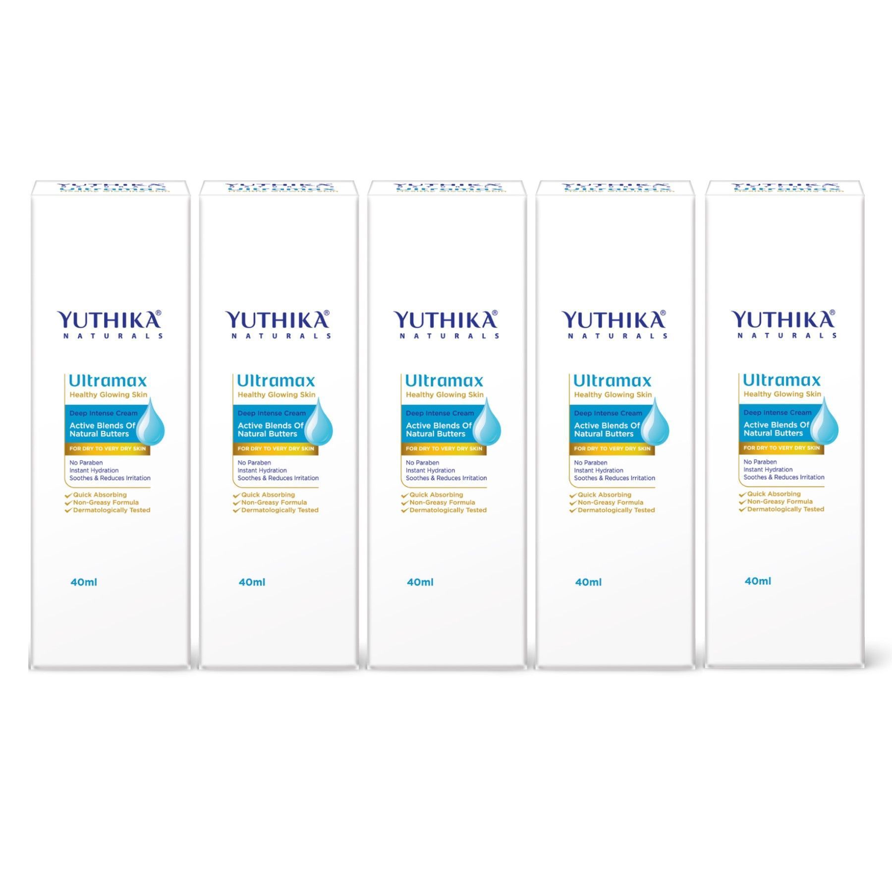 Yuthika Ultramax Deep Intense Moisturizing Cream for Dry to Very Dry Skin 40ml Pack of 5, Dermatologically Tested