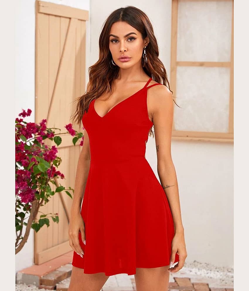 Aahwan Women Polyester Solid Fit & Flare Dress ( Red )