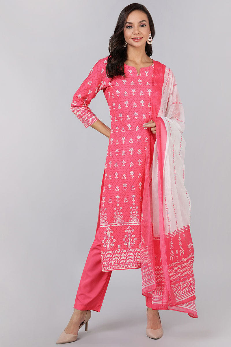 Pink Poly Crepe Floral Print Straight Suit Set PKSKD1327