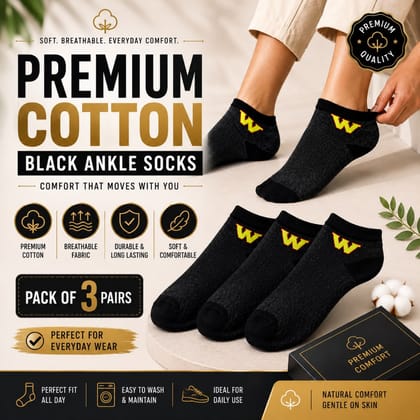Premium Cotton Black Ankle Socks (Pack of 3) | Soft, Breathable & Comfortable Daily Wear