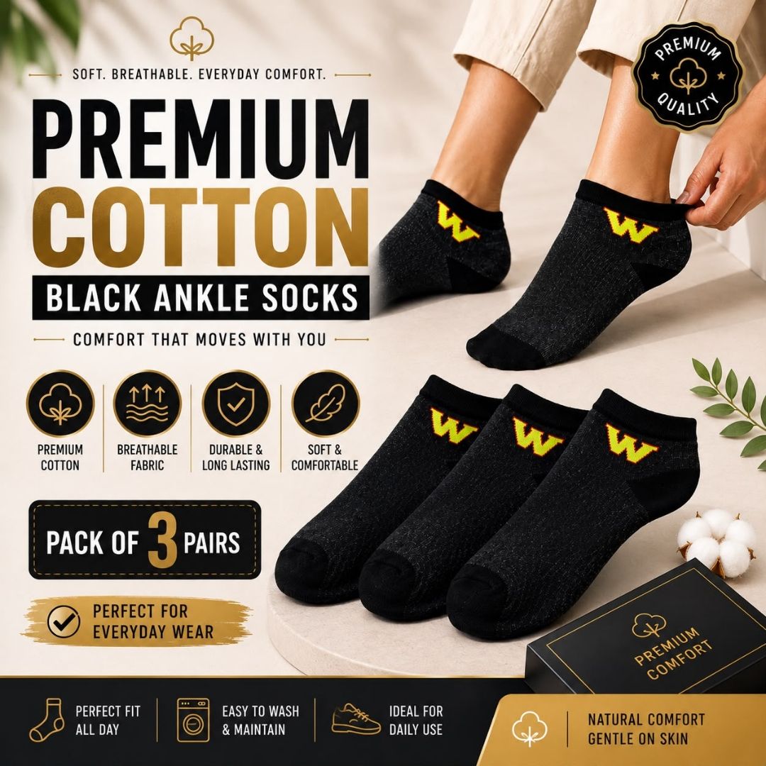 Premium Cotton Black Ankle Socks (Pack of 3) | Soft, Breathable & Comfortable Daily Wear