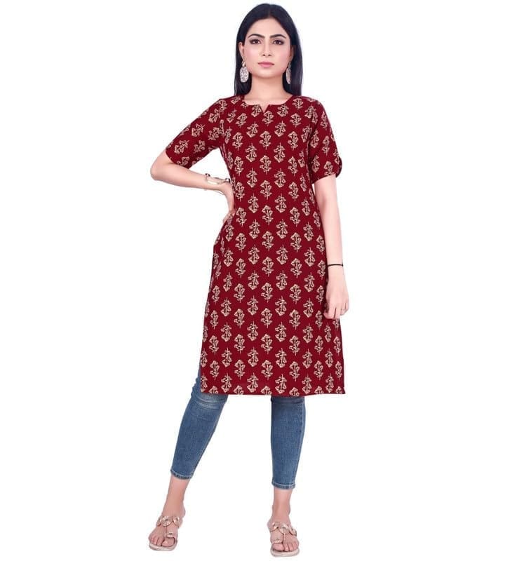 Women's Casual 3/4th Sleeve Printed Cotton Kurti (Maroon, S)-PID46162
