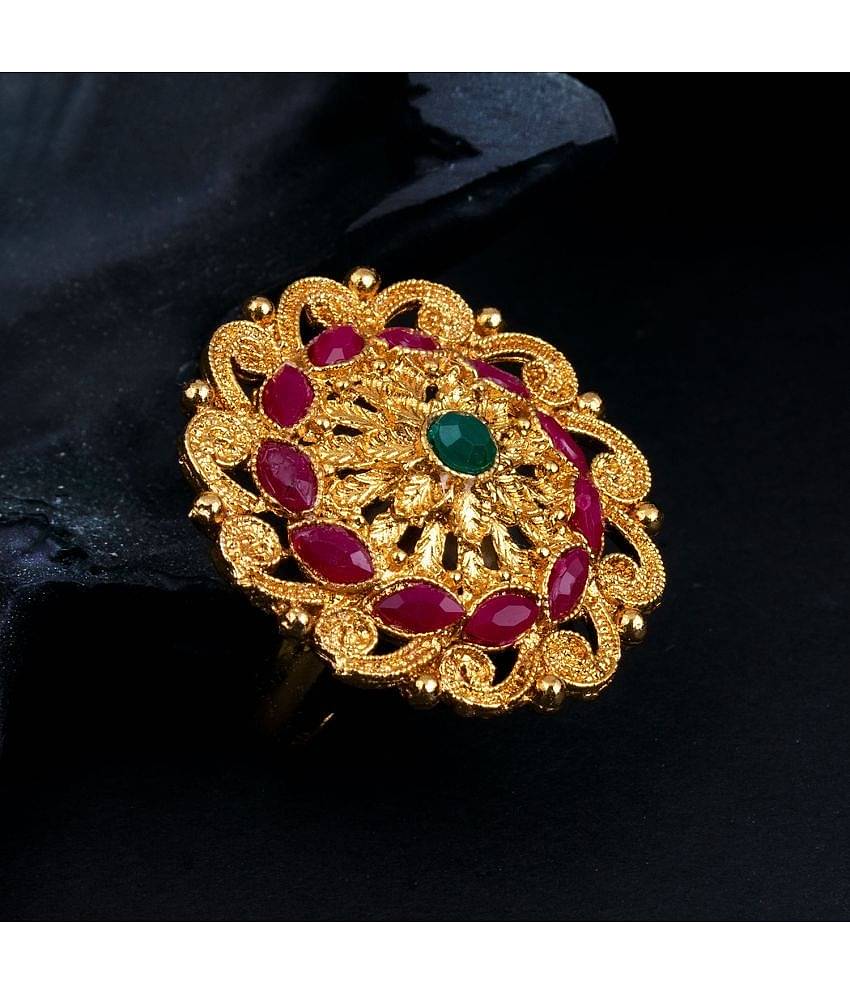 Sukkhi Astonishing Floral Gold Plated Colour Stone Adjustable Ring For Women