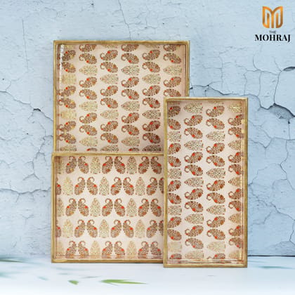 The Mohraj Exquisite Multicolor Rectangular MDF Trays with Gold Foil Finish Set of 3 The Mohraj Exquisite Multicolor Rectangular MDF Trays with Gold Foil Finish Set of 3