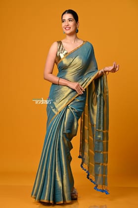 Param Sundari ~ Exclusive Handloom Pure Tissue Cotton Saree in Cyan Blue Gold