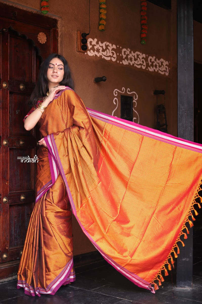 Traditional Khun Saree - Cotton Resham Authentic Handwoven, Shimmery Mustard Orange with Magenta Border