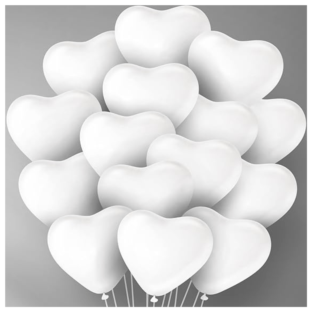 Heart Shape White Latex/ Rubber Balloon - Helium Quality - 15 inches - 6PC