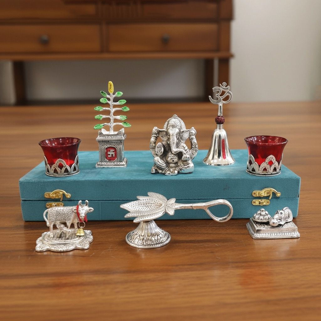 Aluminium Ganesh Ji with Tulsi Plant Gift Set for Auspicious Home Decor, Height : 1.5 Inch (ASMAS530 G)
