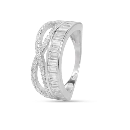 Elegant Criss-Cross Baguette Diamond Look Ring for Women | Designer CZ Stone Ring with Interlocking Band | Silver Tone Party Wear Ring I Weight - 4 gram Elegant Criss-Cross Baguette Diamond Look Ring for Women | Designer CZ Stone Ring with Interlocking Band | Silver Tone Party Wear Ring I Weight - 4 gram