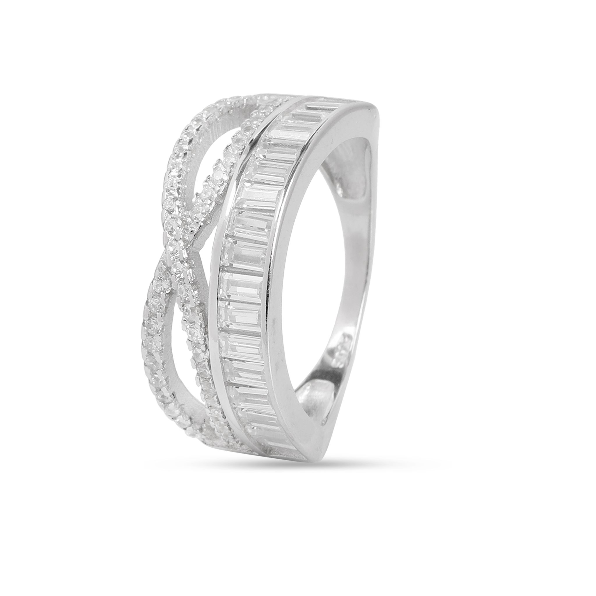 Elegant Criss-Cross Baguette Diamond Look Ring for Women | Designer CZ Stone Ring with Interlocking Band | Silver Tone Party Wear Ring I Weight - 4 gram