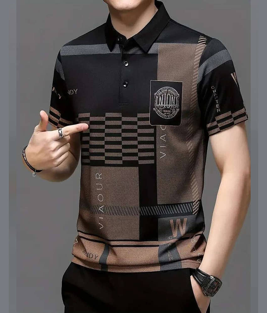 AUSK Men Cotton Blend Regular Fit Printed Polo T Shirt ( Black )