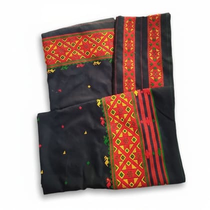Traditional Embroidered Black Saree with Red and Yellow Border