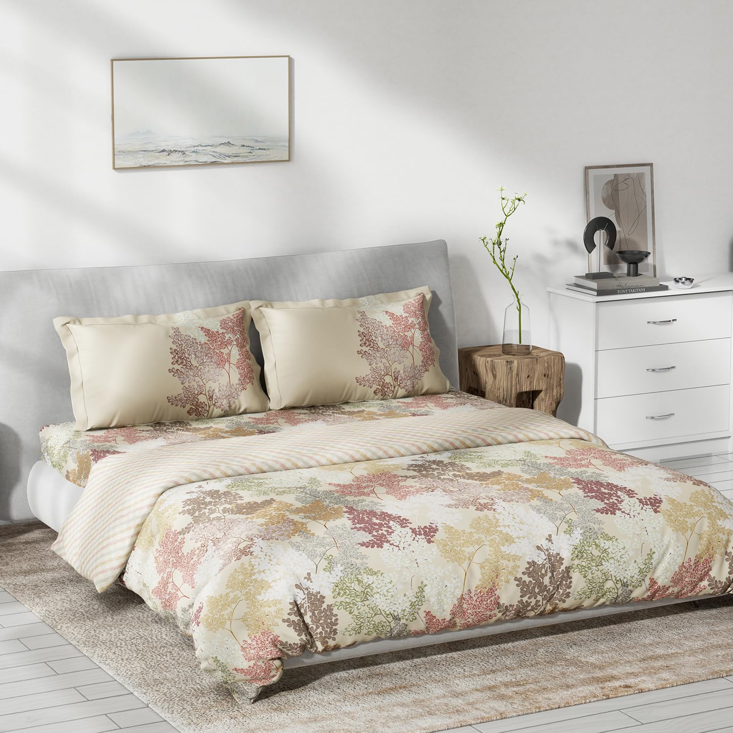 DDECOR - Primary Collection 100% Cotton Leaves Pattern 145TC King Bedsheet |254 CM X 274 CM|, Quilt and with 2 Pillow Covers - Beige